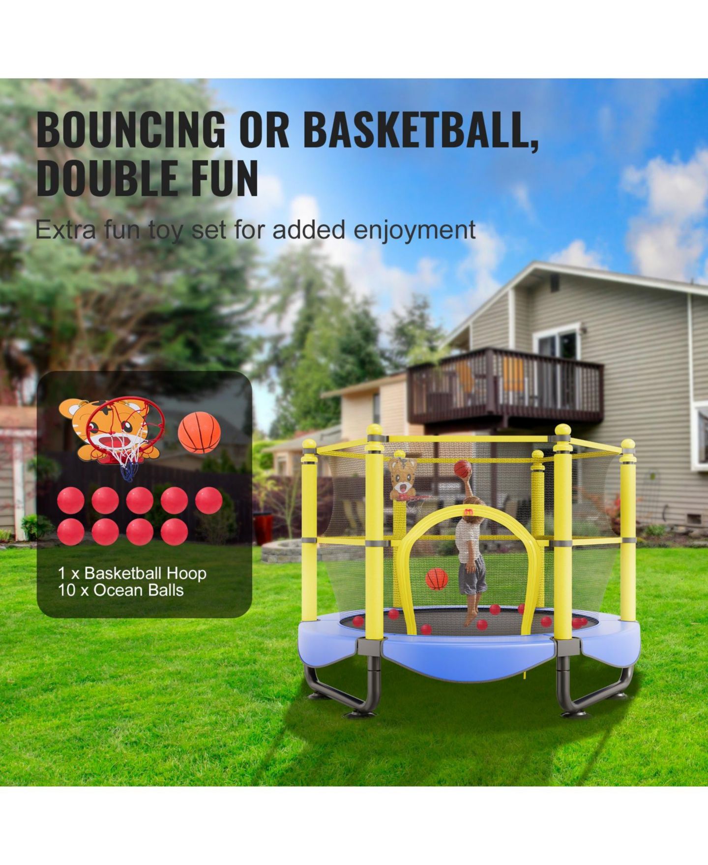 Детская игрушка Mecale Kids' Trampoline, 5 ft, Indoor/Outdoor with Enclosure Net & Basketball Hoop, Ages 3+, цвет: Синий — фото 8