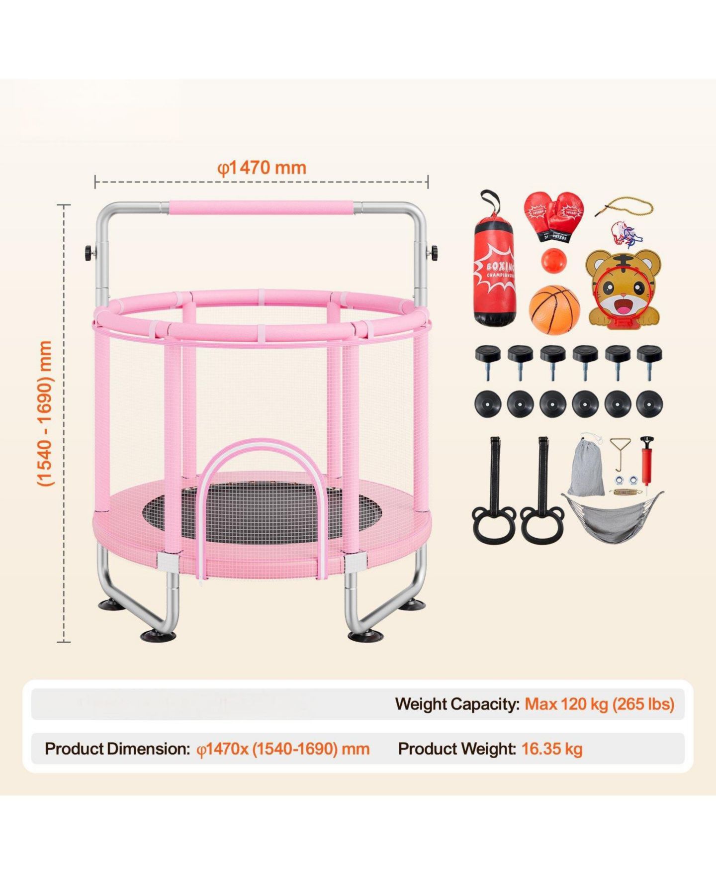 Детская игрушка Mecale Kids Trampoline, 55", Indoor/Outdoor with Enclosure Net & Basketball Hoop, Ages 3+, цвет: Розовый — фото 4
