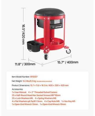 Rolling Mechanic Stool, 300-Lb Capacity, Fixed-Height Padded Seat w/ Tool Tray & 2 Drawers, Red/Black