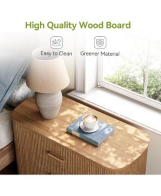 Large Nightstand with 3 Drawers Set of 2, Mid Century Modern Oversized Bedside Table, Wide Nightstand with Fluted Striped Panel