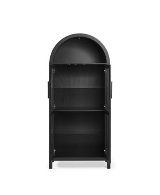 High Arched Storage Cabinet with Adjustable Glass Partitions and LED Lamp for Multi-Functional Use in Kitchens, Living rooms