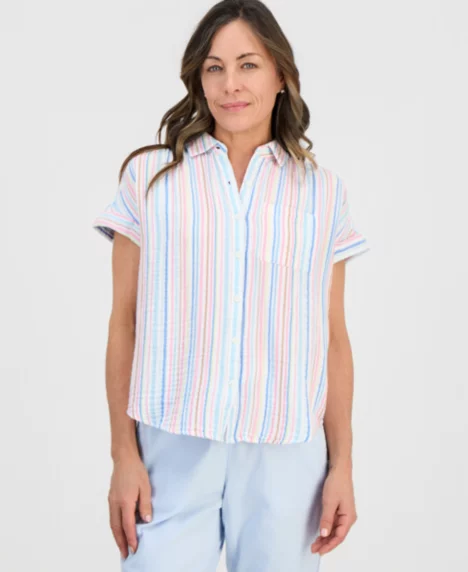 Petite Cotton Striped Camp Shirt - Bright White Stripe