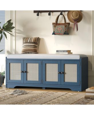 Rustic Wood Entryway Shoe Bench with Cushion and Adjustable Shelves