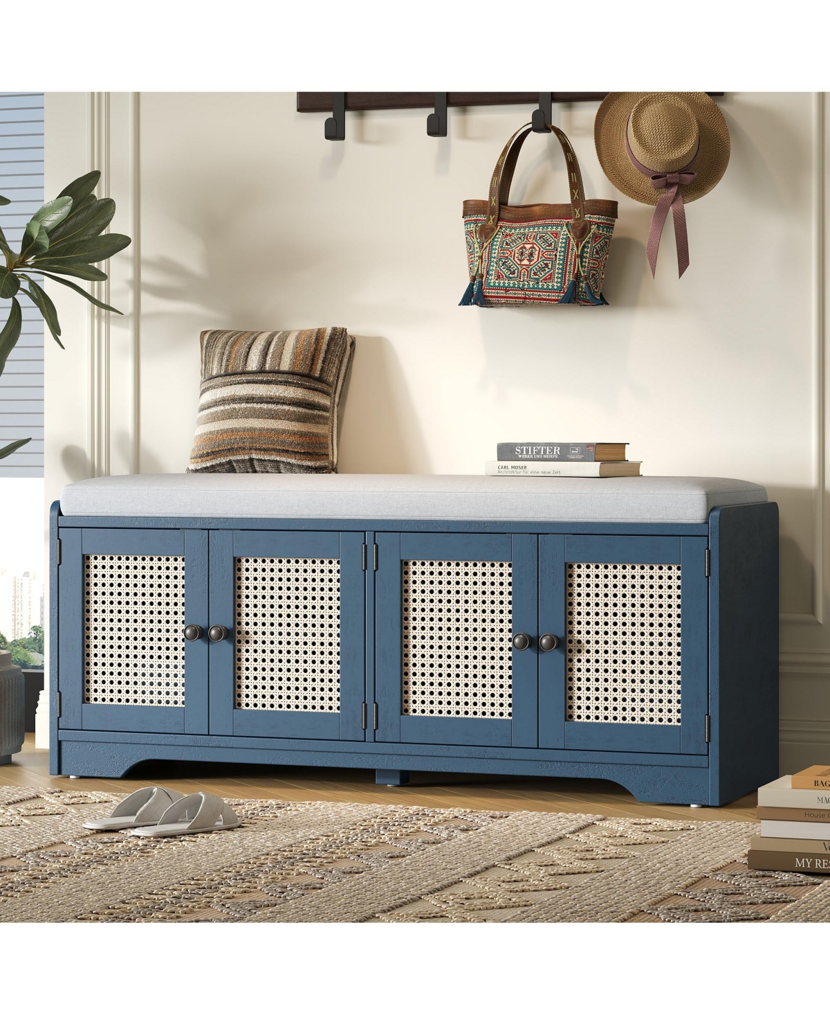 Boyel Living Rustic Wood Entryway Shoe Bench with Cushion and Adjustable Shelves