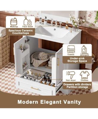 Freestanding 30 in. Bathroom Vanity with Sink, MDF and Solid Wood Frame, 1 Divider Drawer and 2 Soft-close Doors (Double Shelf on Door)