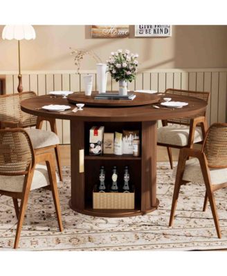 55-Inch Round Dining Table for Six with Double-Tiered Storage Rack and Rotating Top