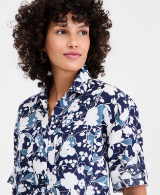 Women's 100% Linen Roll-Tab Camp Shirt