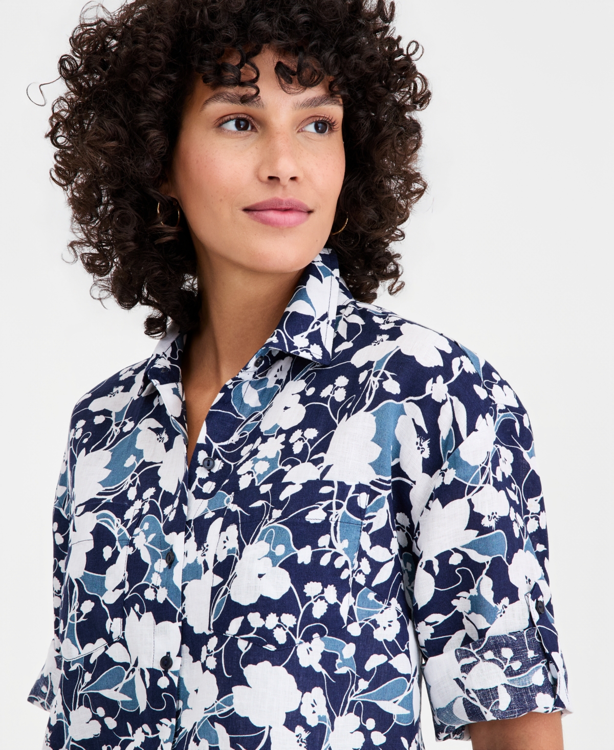 Charter Club Women's 100% Linen Roll-Tab Camp Shirt, Created for Macy's