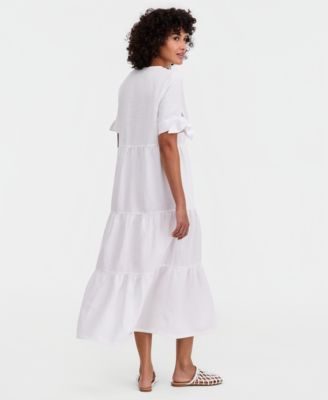 Women's 100% Linen Tie-Sleeve Tiered Midi Dress