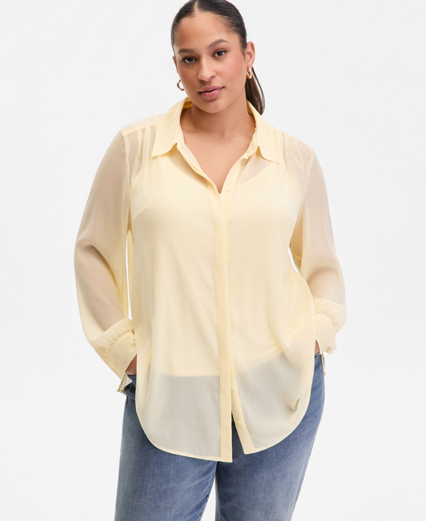 Женская рубашка I.N.C. International Concepts Plus Size Collared Button-Front, цвет: Жёлтый туманный — фото 1
