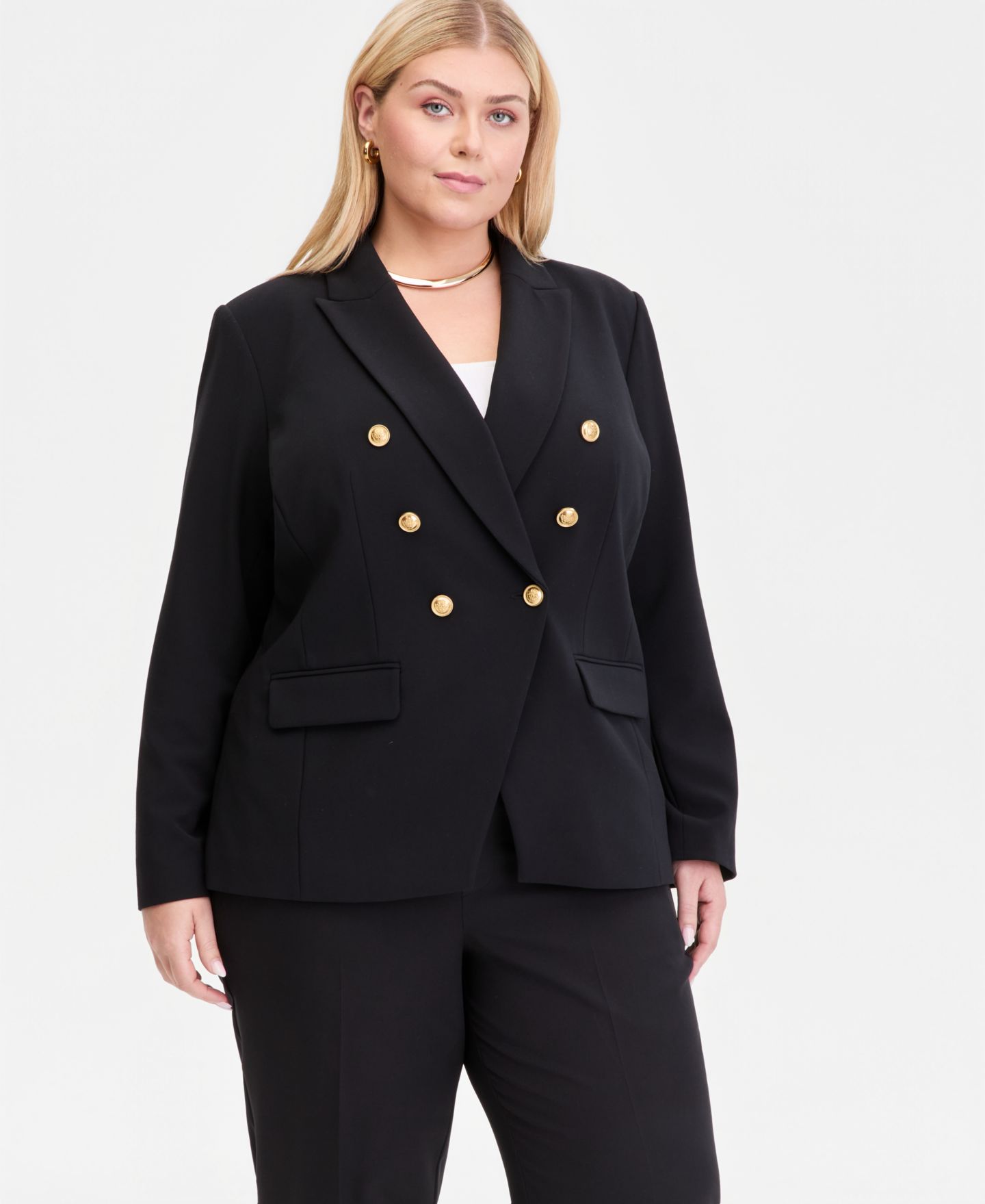 Женский пиджак I.N.C. International Concepts Plus Size Faux Double-Breasted Blazer, цвет: Глубокий чёрный — фото 1
