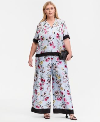 Plus Size Printed Short-Sleeve Button-Front Shirt & Printed Wide-Leg Pull-On Pants