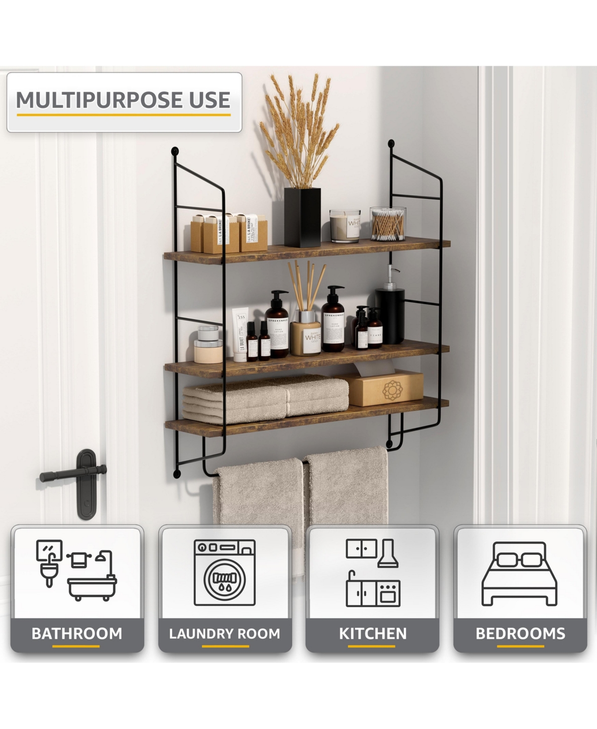 Sorbus 3-Tier Wooden Floating Shelves with Metal Brackets
