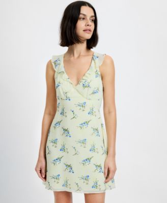 Women's Yellow Floral V-Neck Sleeveless Mini Dress