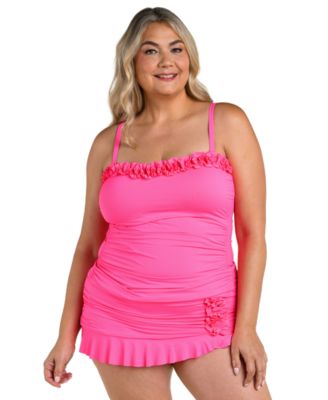  Women's Plus Size Island Goddess Ruffle Bandeau Tankini Top and Ruffle Skirt