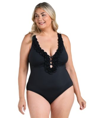 Plus Size Island Goddess Ruffle V-Neck One-Piece Swimsuit