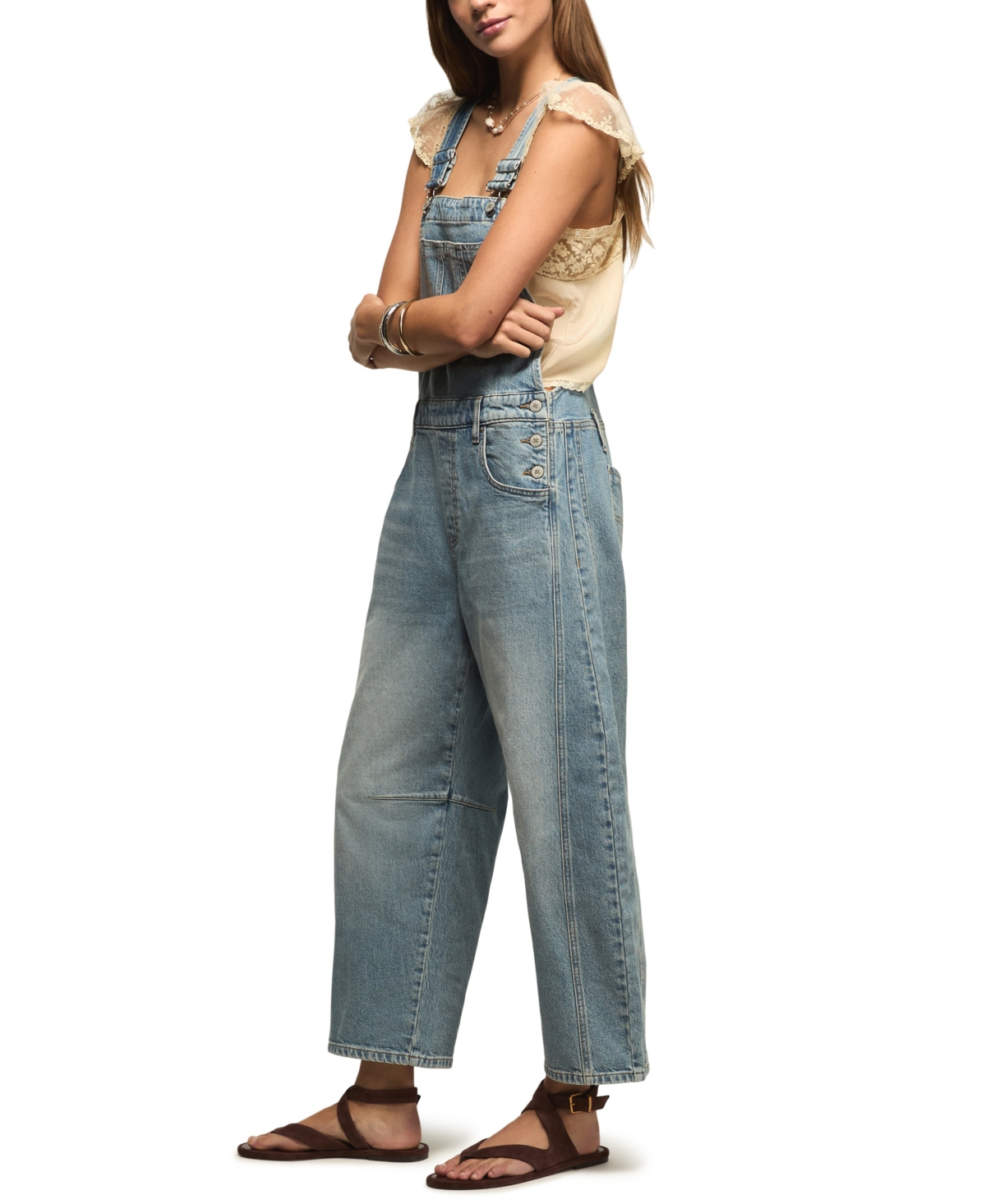 Lucky Brand Women's Barrel Square Neck Overalls Jumpsuits