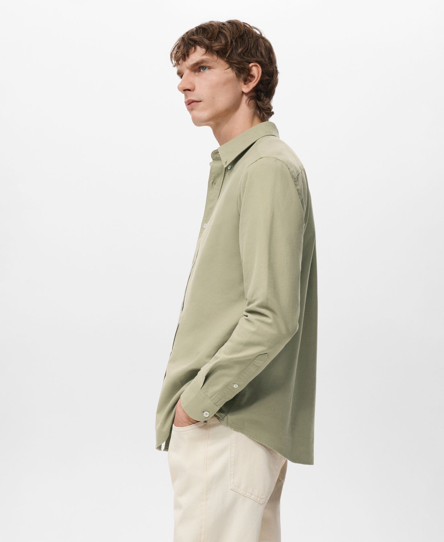 Мужская рубашка Mango Cotton Oxford, цвет: Хаки — фото 5