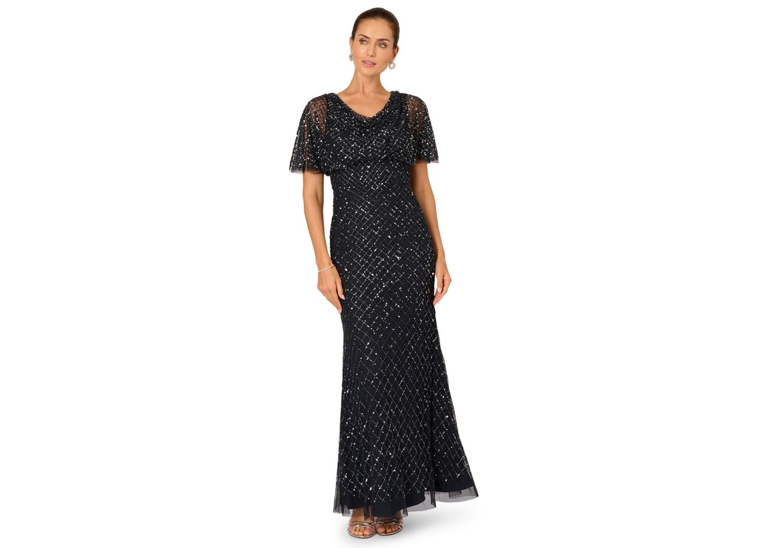Women's Crew Neck Beaded Cowl Drape Ball Gown