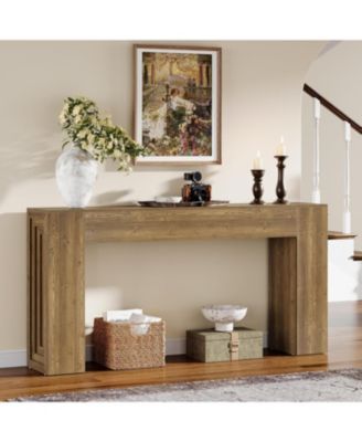 63-Inch Long Console Table, Farmhouse Narrow Sofa Table Behind The Couch, Natural Brown