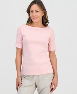 Petite Cotton Elbow-Sleeve Boat-Neck Top