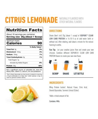 Clear Low Carb 100% Whey Protein Isolate Powder, Citrus Lemonade, 20g Protein, About 16 Servings