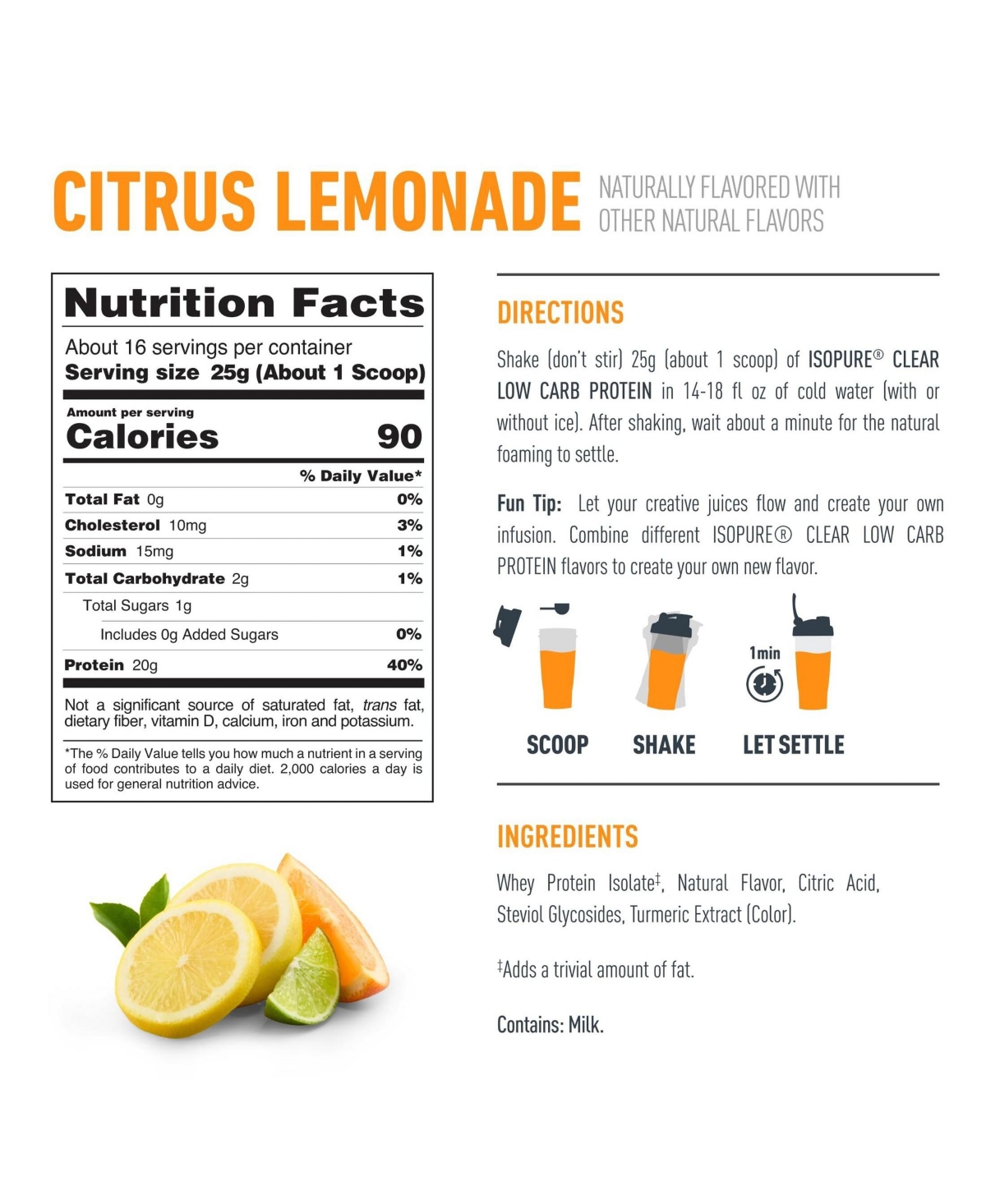 Isopure Clear Low Carb 100% Whey Protein Isolate Powder, Citrus Lemonade, 20g Protein, About 16 Servings