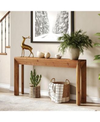 Solid Wood Console Table for Living Room, 63" Farmhouse Entryway Table with Integrated Splayed Legs, Brown
