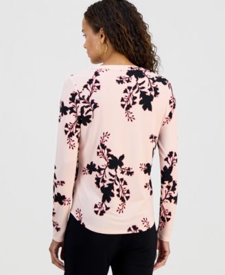 Petite Cameron Floral Split-Neck Zip-Pocket Top
