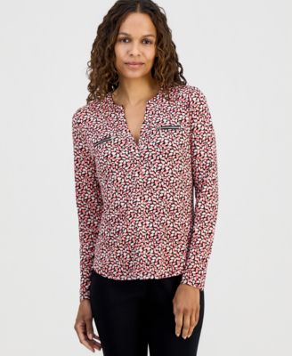 Petite Delicate Paisley Split-Neck Zip-Pocket Top