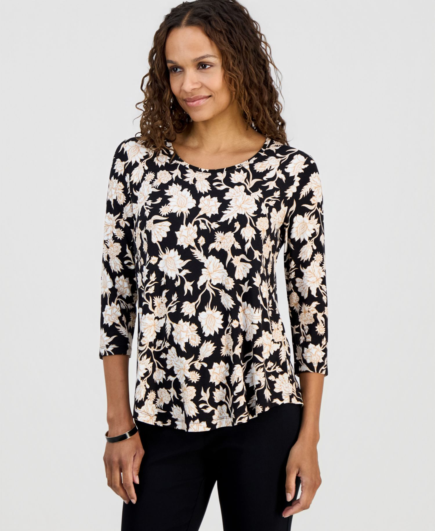 Women's Printed Scoop-Neck 3/4-Sleeve Knit Top