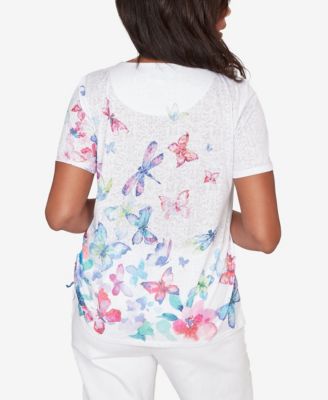 Women's Crew Neck Butterfly Beaded Side Tie Ruched T-Shirt