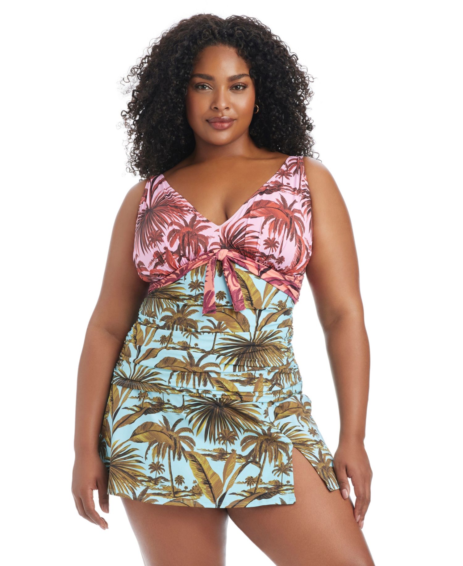 Plus Size White Lotus Halter Tankini Swim Top and Skirted Swim Bottoms