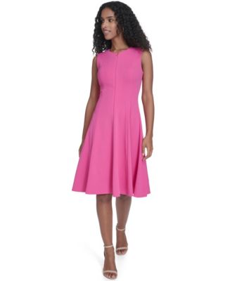 calvin klein fit and flare midi dress Calvin Klein Dress Sz 4 Beige Black Pleated Midi Fit Flare Classic Elegant