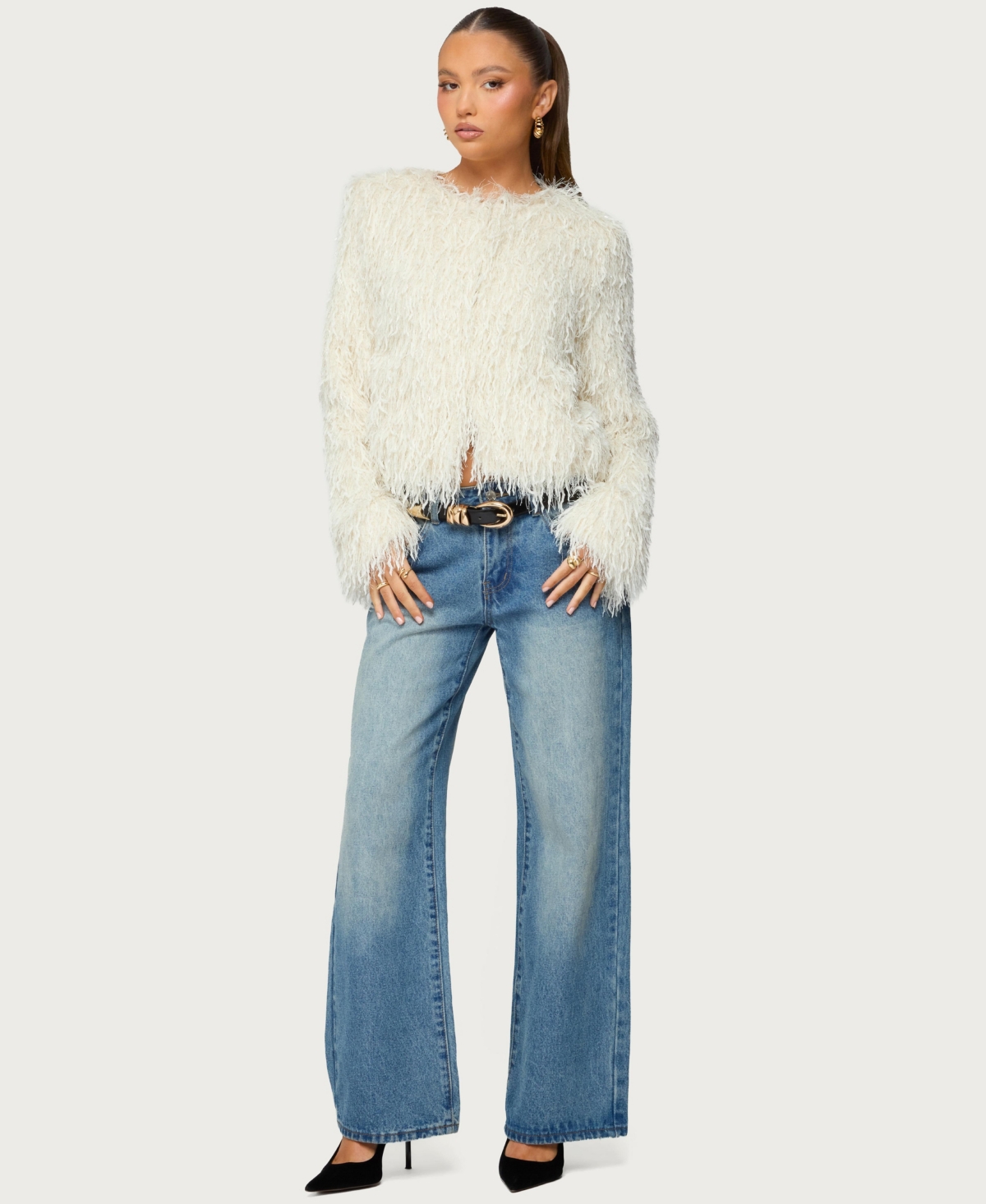 Edikted Women's Aleandra Fringed Faux Feather Jacket