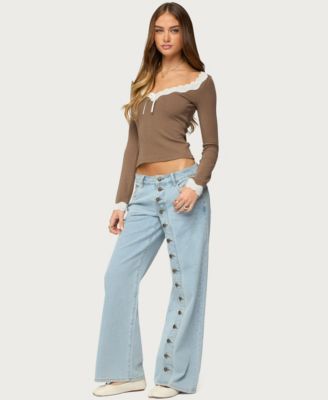 Women's Contrast Lacey Long Sleeve Top