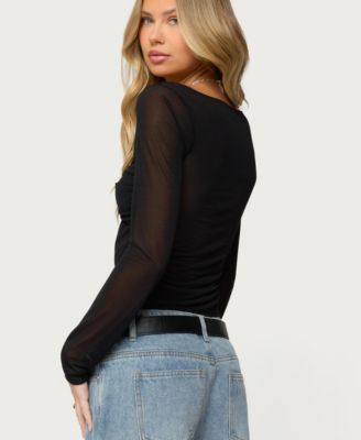 Womens Oona Sheer Gathered Long Sleeve Top