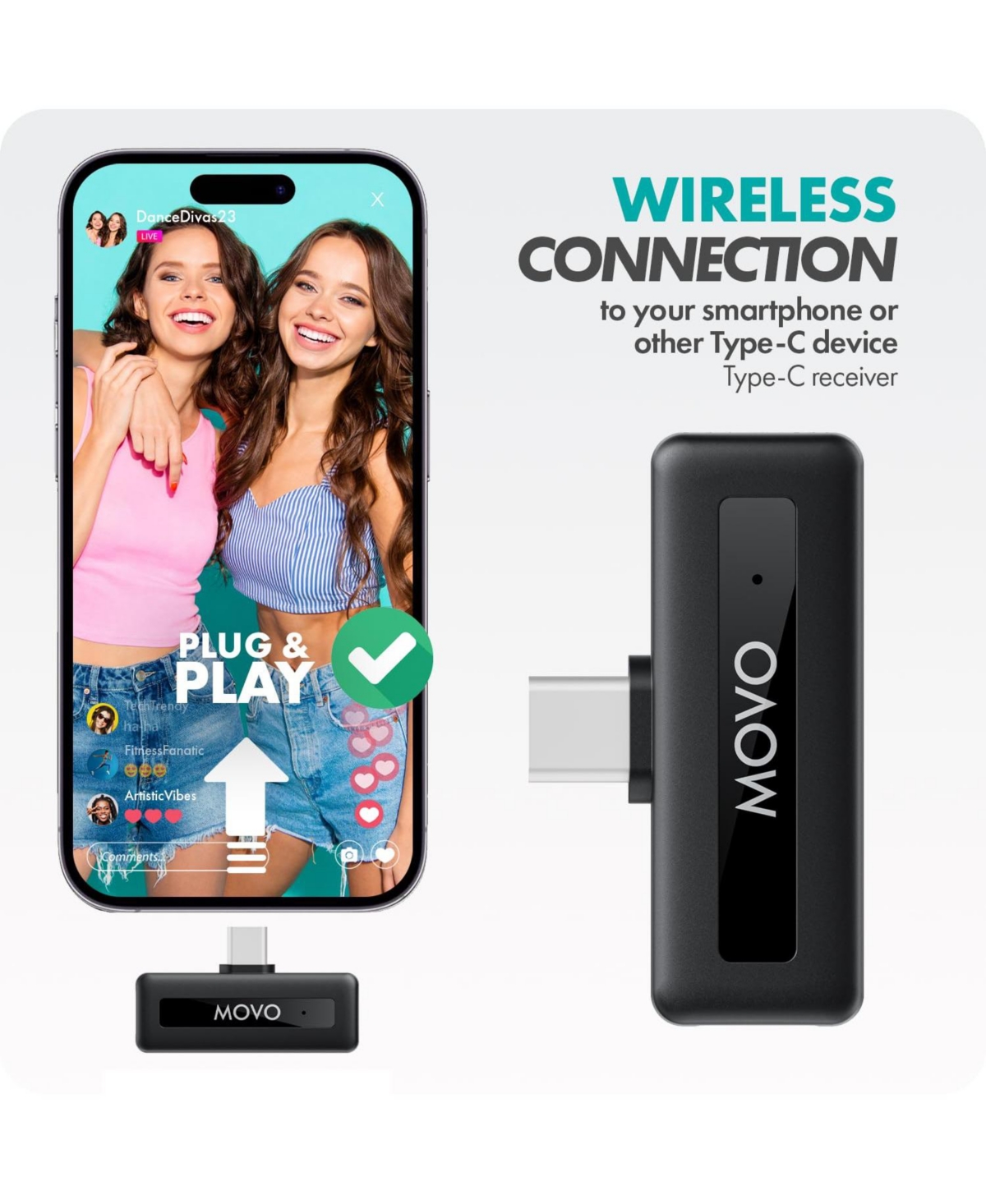 Movo Wm-VXR10 Wireless Shotgun Mic Adapter for Usb-c/iPhone 15 and up/Android Devices