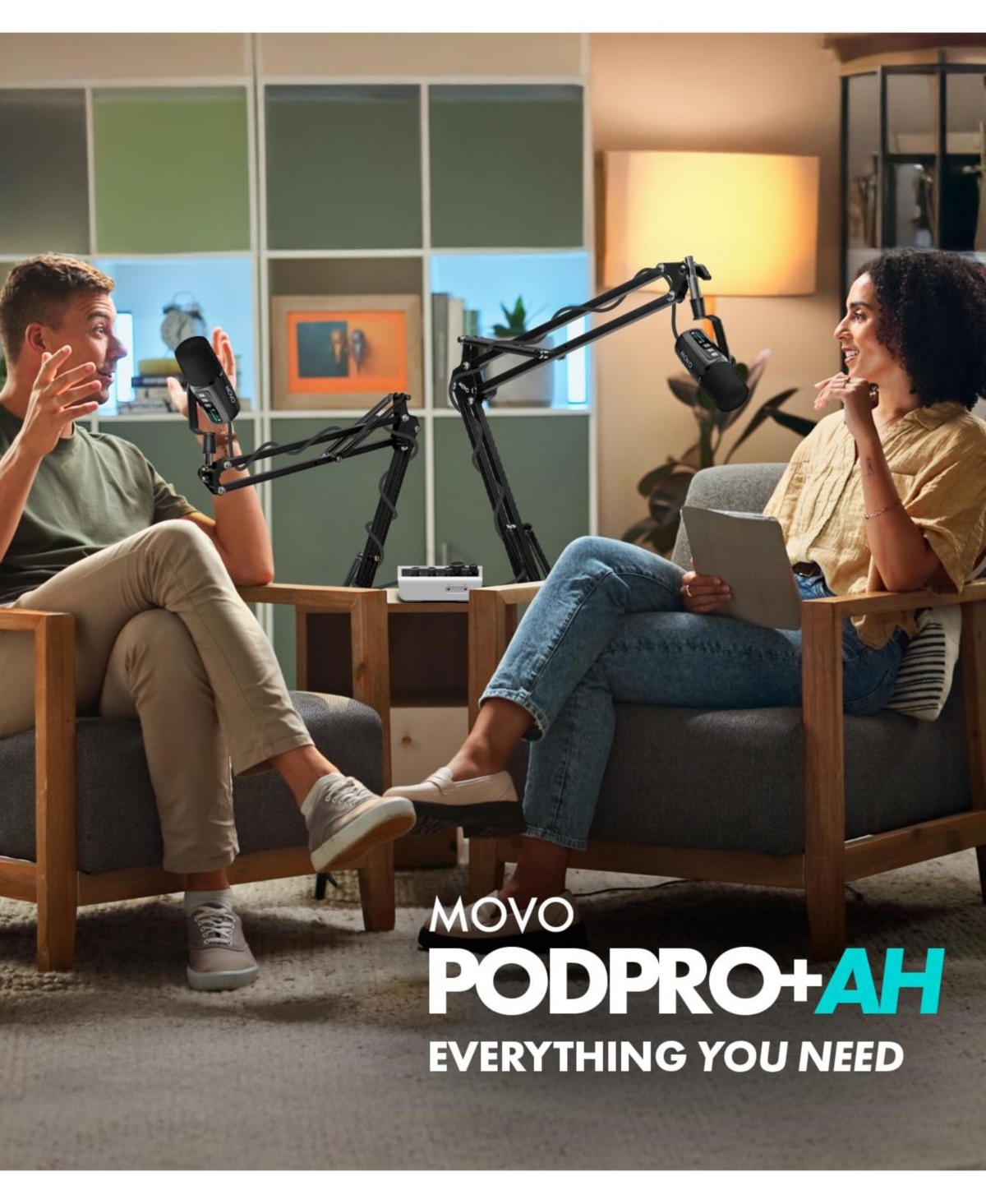 Movo Pro Portable Podcast Equipment Bundle for iPhone/Android Phone with Interface, 2 UM6 Dynamic Mics, 2 Headphones, 2 Boom Arms