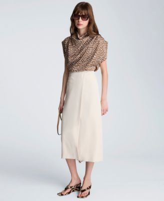 Women's Satin Dot Belted Drape Cowl Neck Top