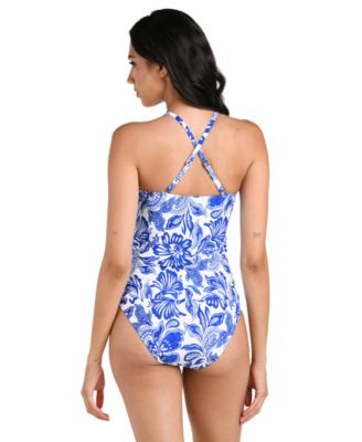 Women's Botanical Brocade High-Neck Keyhole Tankini Swim Top