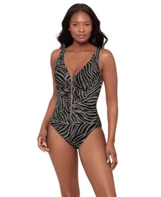 Miraclesuit Women's Zirconic Zipt Tummy Control Printed One-Piece