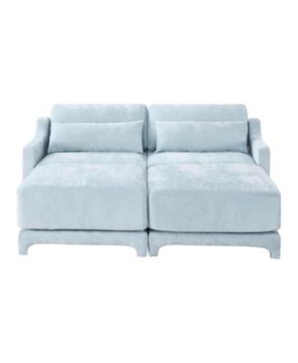 Chenille 2-Seater Sofa w/ Ottoman & Pillows - Sky Blue
