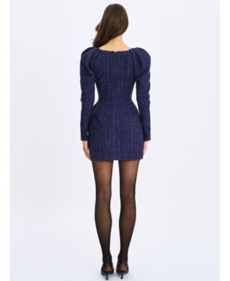 Women's Denise Navy Tweed Ruched Puff Sleeve Mini Dress