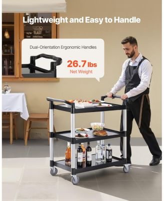 3-Tier Utility Cart, 500-Lb Capacity, 31.1" x 19.3", Plastic Service Cart w/ Swivel Wheels & Brakes