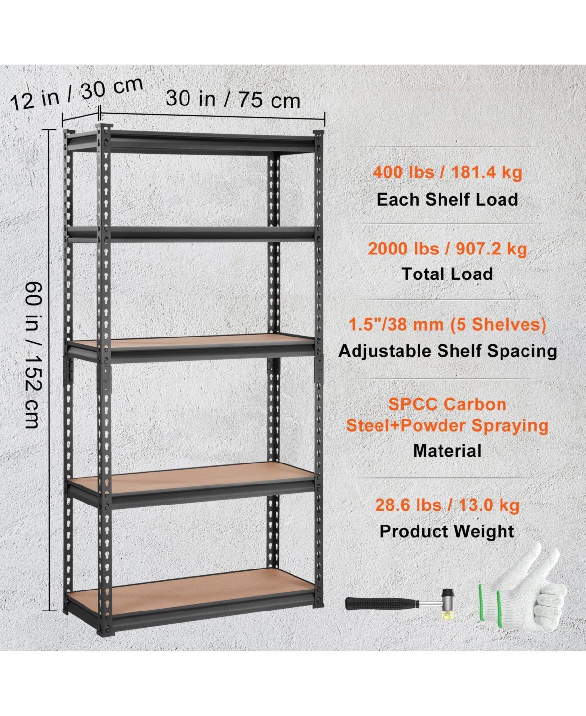 Mecale 5-Tier Storage Shelving Unit, Adjustable, 2000-Lb Capacity, 30"L x 12"W x 60"H, Heavy-Duty Utility Rack