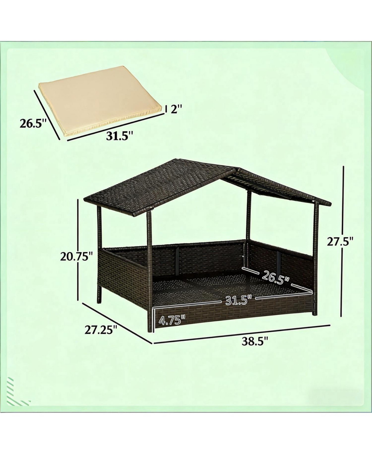 Aostirmotor Rattan Dog House with Cream White Cushion for Outdoor in Dark Coffee