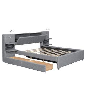 Queen Size Upholstered Platform Bed with Reading Lights and Storage Solutions