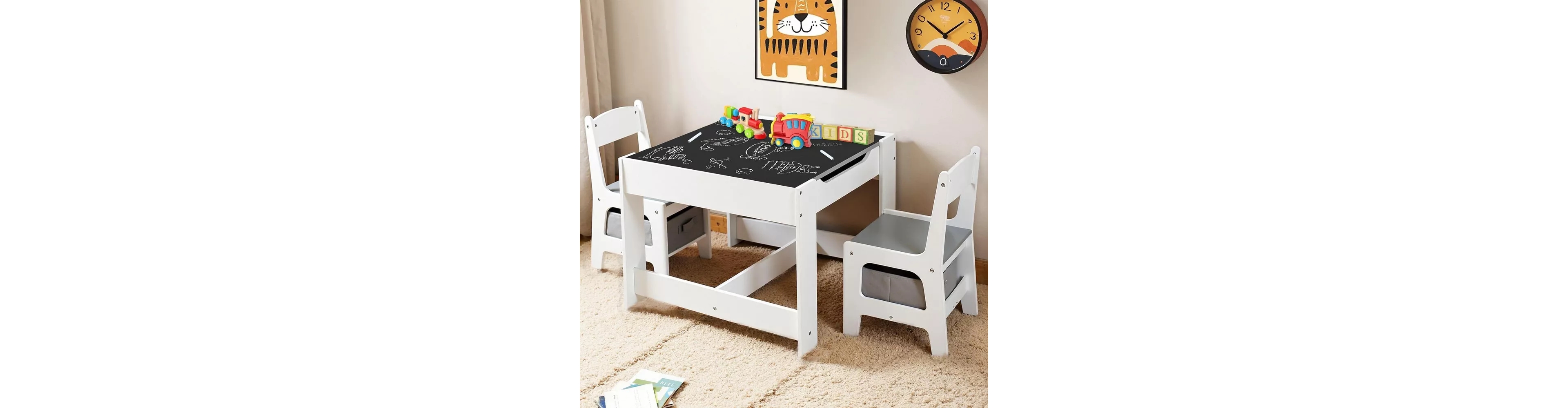 Kinder King 3-in-1 Kids Table with 2 Chairs, Storage and Removable Chalkboard Top