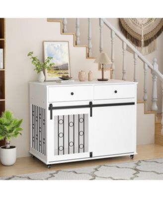  Dog Crate Furniture with Double Drawers and Sliding Barn Door in White